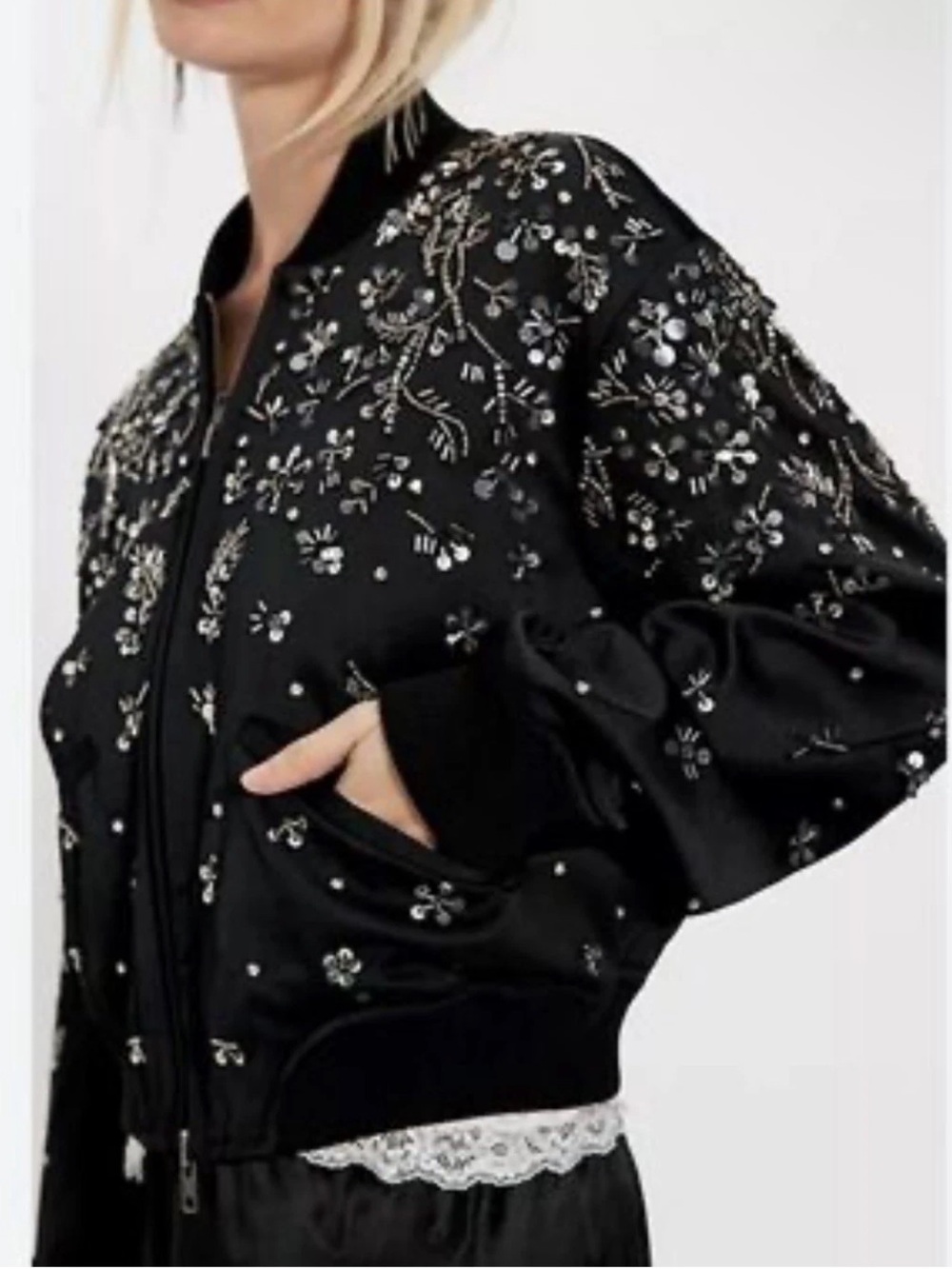 Free People Stassi Black Satin Embellished Beaded Bomber Jacket NWT Size XS - Picture 4 of 11